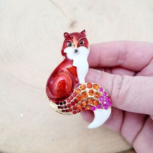 Brand New Orange Fox  Gold Tone Rhinestone Brooch Pin